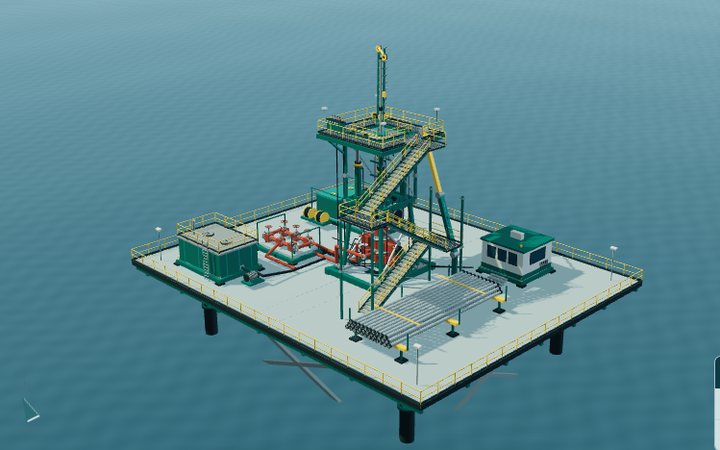 The hydraulic workover unit model: a hydraulic jack frame, workbasket and well-control stack on a platform deck.