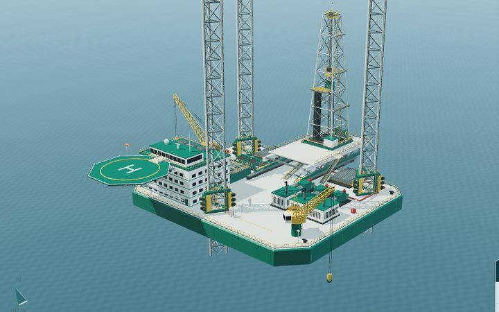 The offshore jack-up model: a hull on three lattice legs above the water, with the derrick, cranes and helideck on deck.
