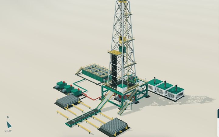 The land drilling rig model: a derrick on a steel substructure with mud tanks, pumps and a pipe ramp on the pad.