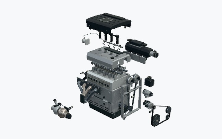 The BMW X4 · N20 engine explorer: the engine on a pale studio stage, partly exploded.