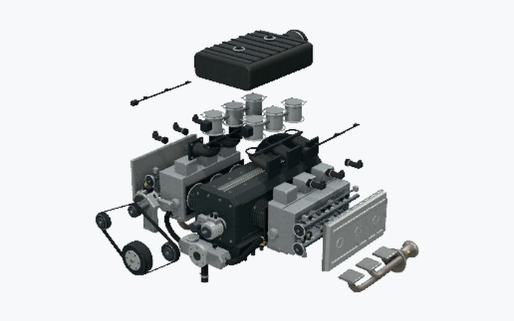 The Porsche 911 GT3 RS · 4.0 engine explorer: the engine on a pale studio stage, partly exploded.