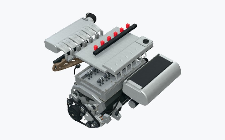 The Golf Mk5 R32 engine explorer: the engine on a pale studio stage, partly exploded.