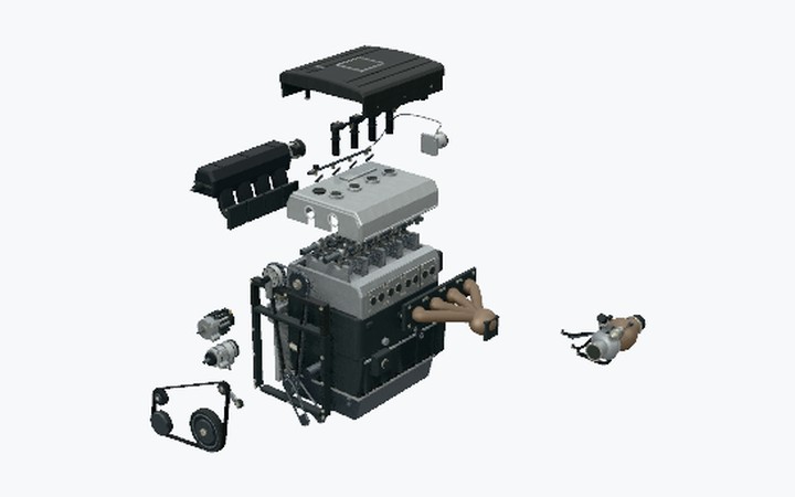 The Volkswagen Sharan · 2.0 TSI engine explorer: the engine on a pale studio stage, partly exploded.