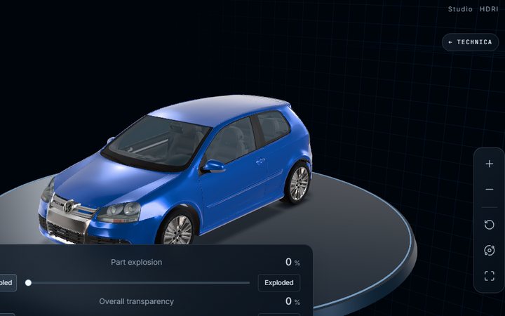 The Golf Mk5 R32 studio: the full car on a turntable, ready to be exploded into its parts.