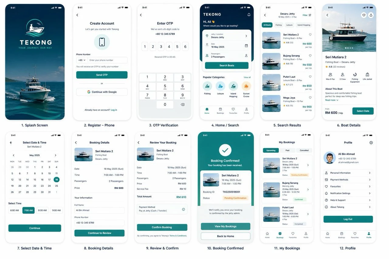 TEKONG boat booking app — 12 mobile screens for jetty discovery, boat details, date selection, and booking confirmation